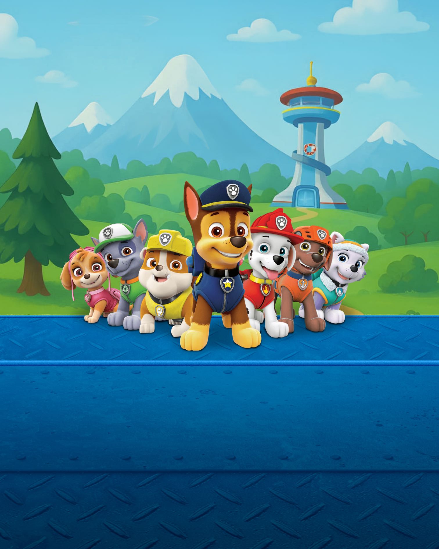 Paw Patrol pups in front of the lookout tower in Adventure Bay